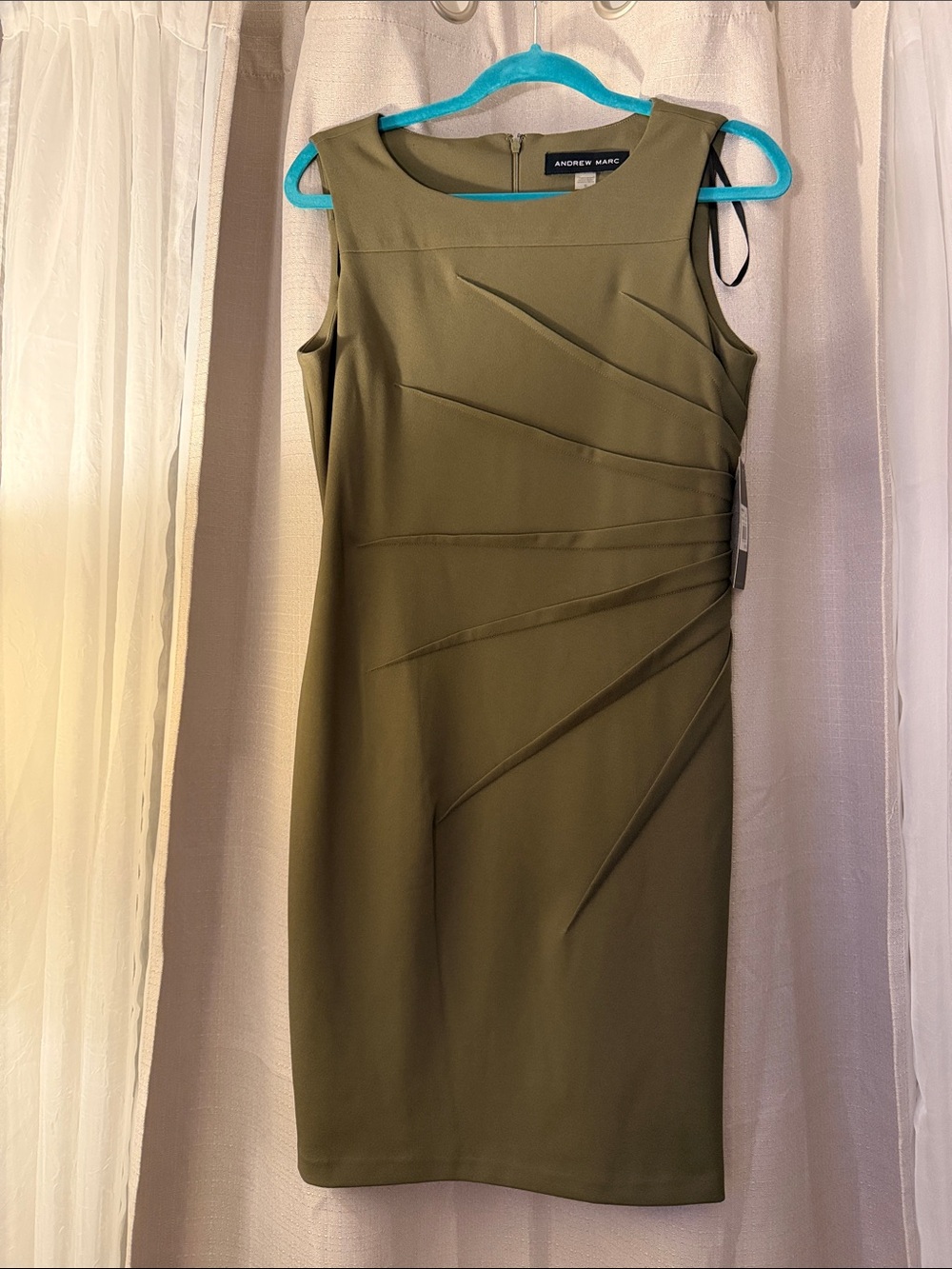Andrew Marc Olive Sheath Dress with Diagonal Pleats